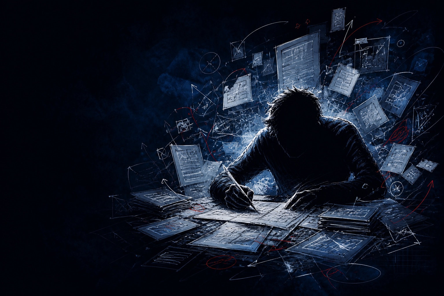 A silhouetted founder rapidly working through a dense field of handwritten notes and diagrams
