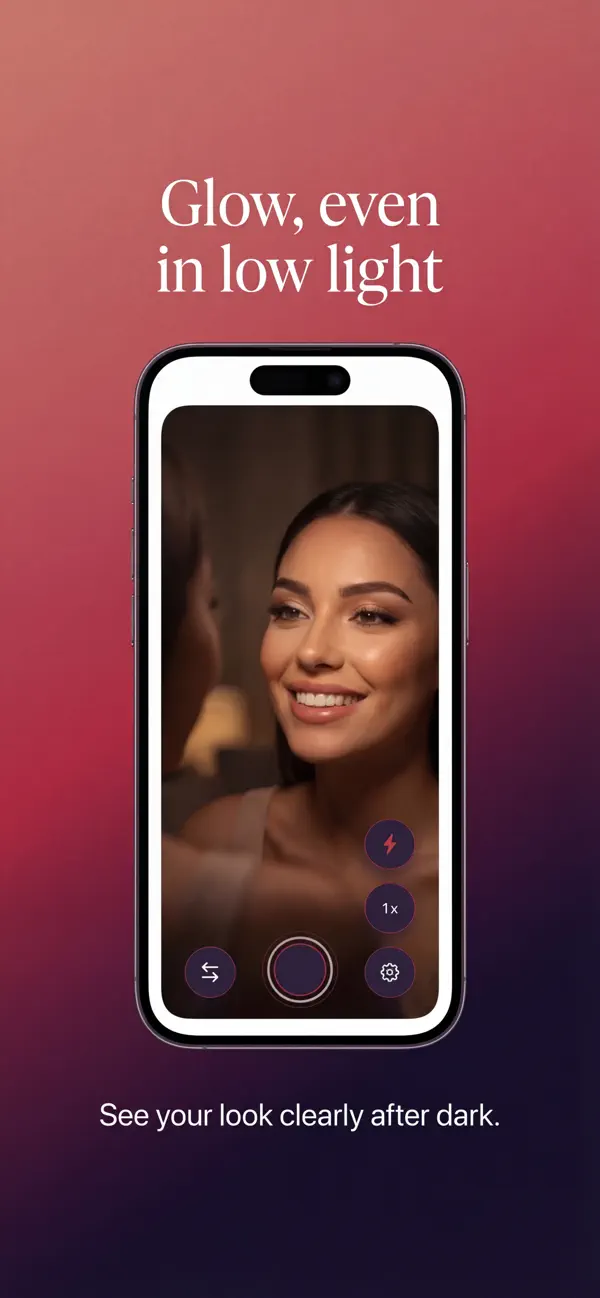 Night mode lighting a face in a dark room in the Mirror app