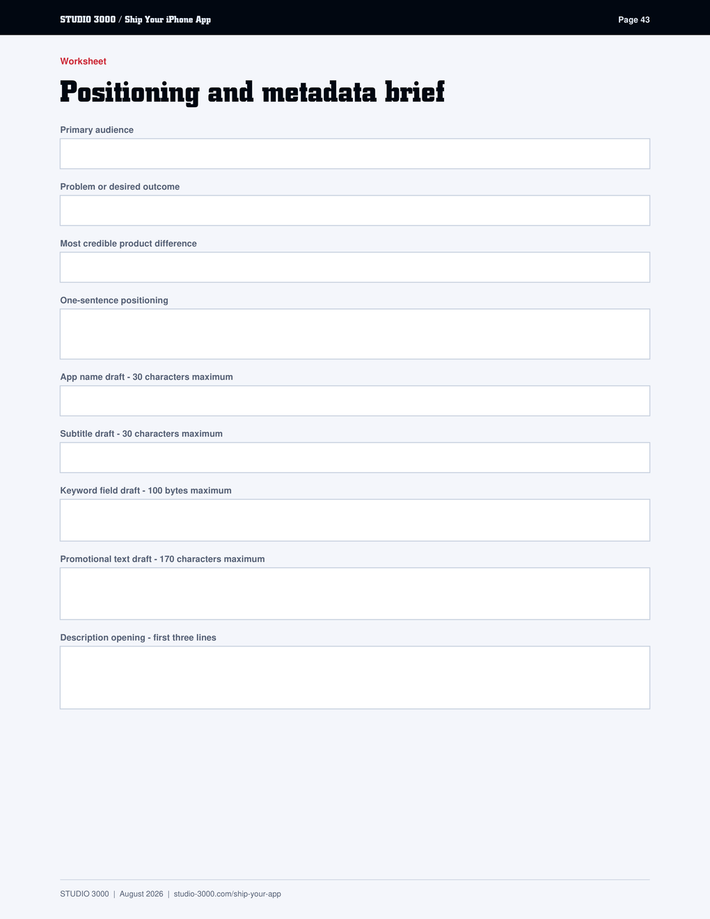 The app positioning and metadata worksheet